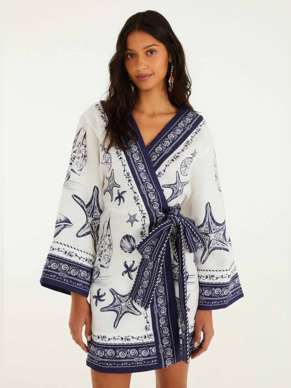 FARM Rio Off-White Blue Coast Scarf 100% Linen Wrap Mini Dress Size Small NWT